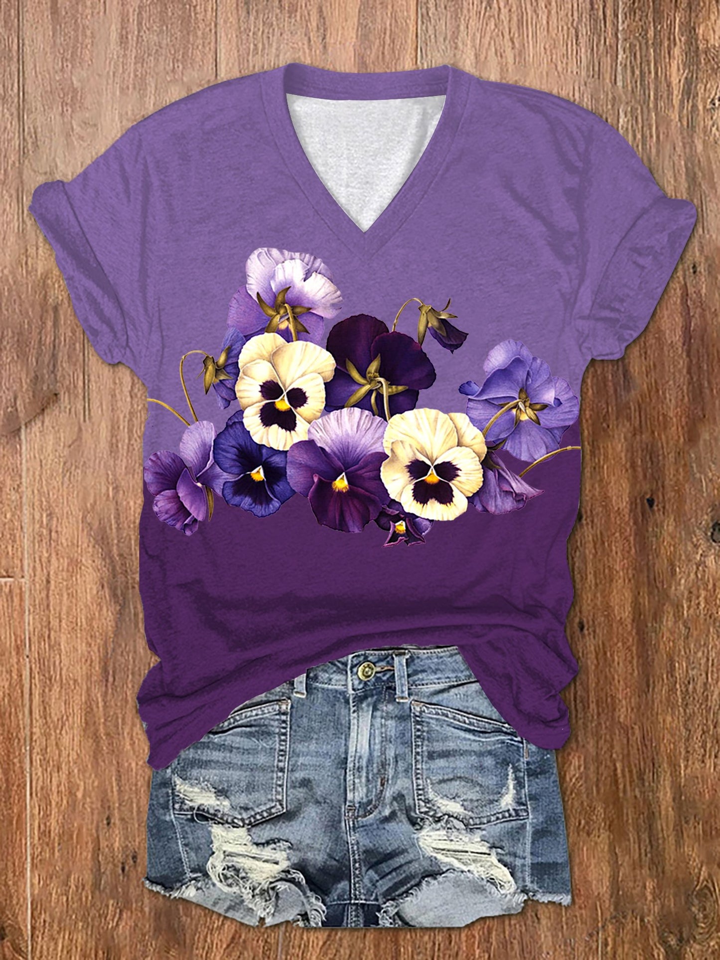 Women's Alzheimer's Purple Floral Graphic V-Neck T-Shirt