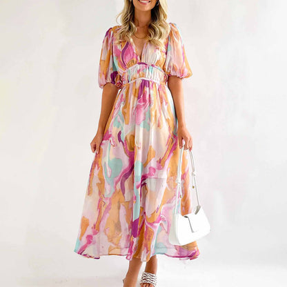 Selin | Sweet Short Sleeve Pink Maxi Dress