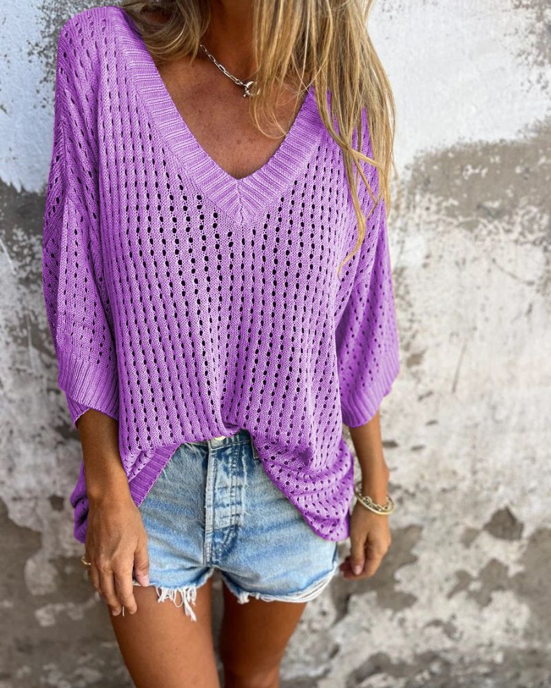 MERIA - V-Neck Hollow Knitted Top