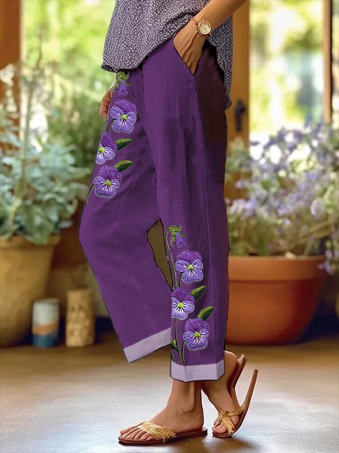 Women's Purple Flower Alzheimer's Awareness Support Casual Pants