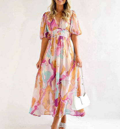 Selin | Sweet Short Sleeve Pink Maxi Dress