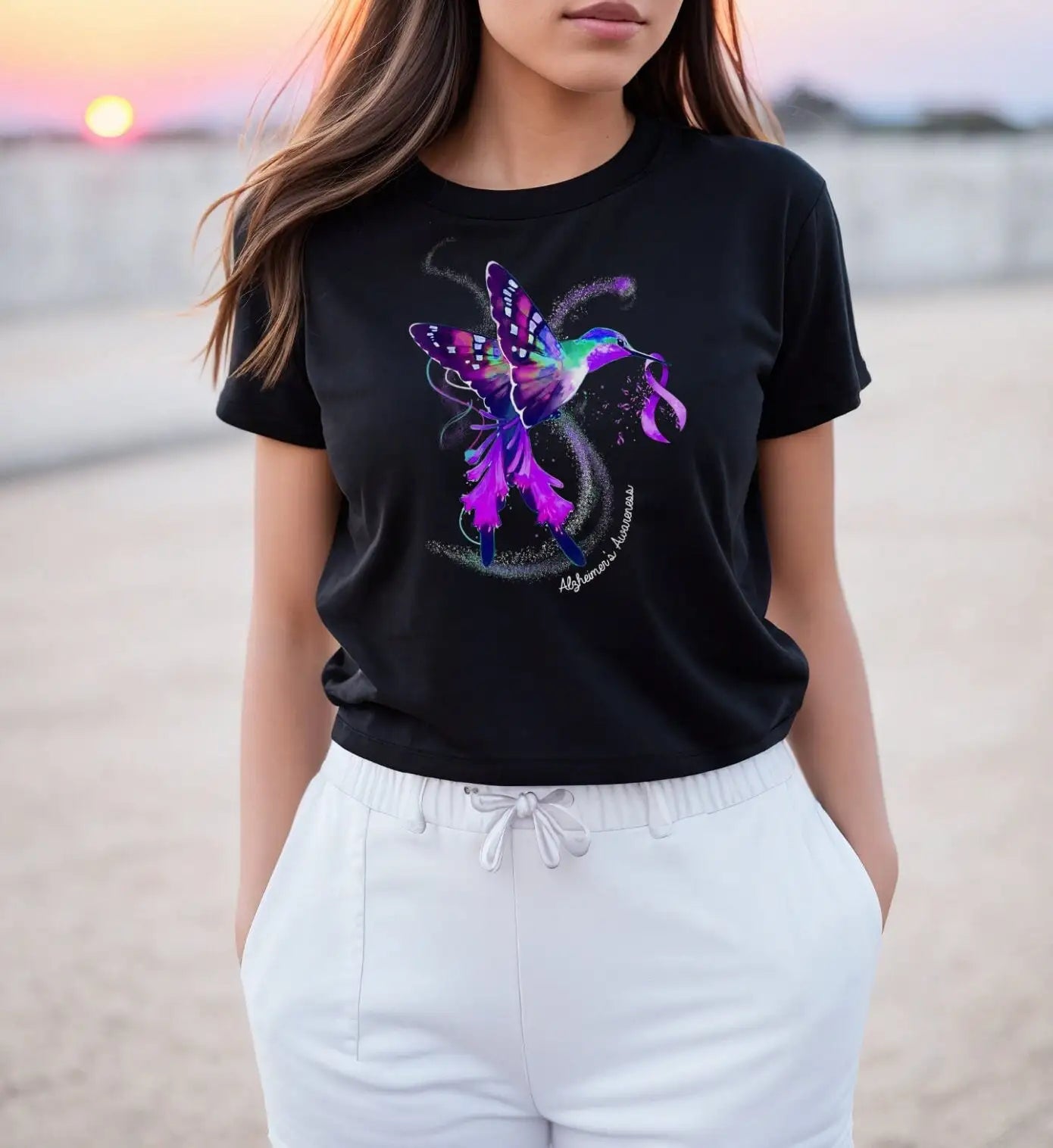 Alzheimer's Awareness T-Shirt Purple Hummingbird Memories