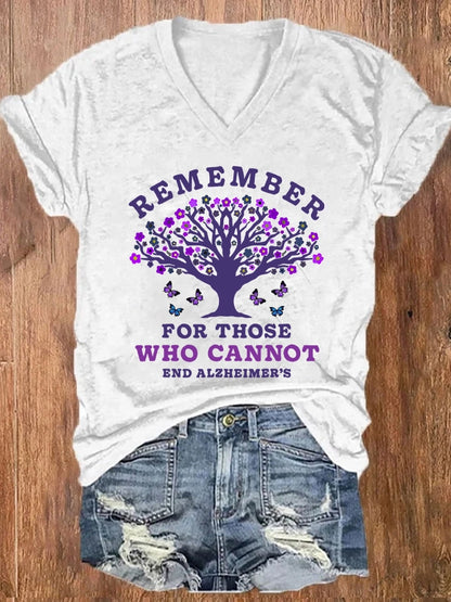 Women's Remember For Those Who Cannot Dementia Alzheimer's Disease Awareness printed V-neck T-shirt