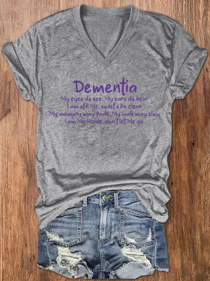 Women's Dementia Alzheimer's Disease Awareness Printed V-Neck T-Shirt