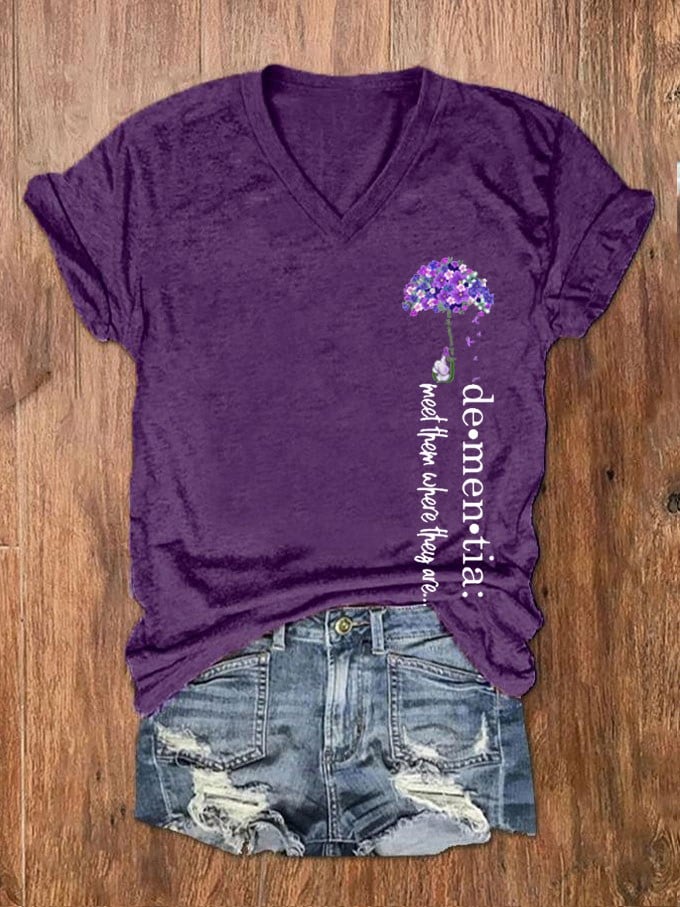 Women's Dementia Alzheimer's Disease Awareness Print V-Neck T-Shirt