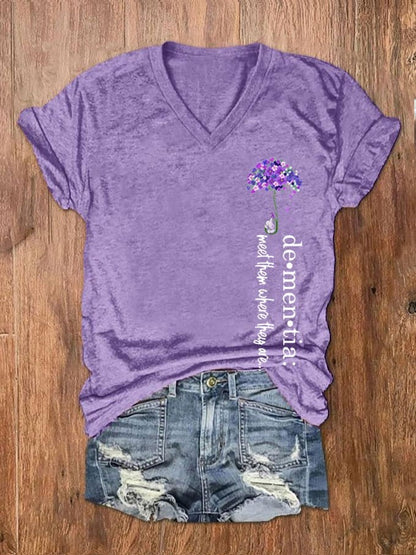 Women's Dementia Alzheimer's Disease Awareness Print V-Neck T-Shirt