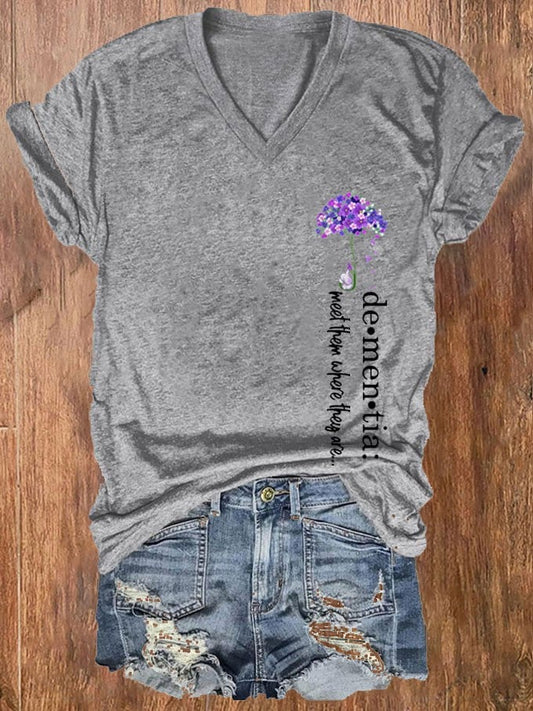 Women's Dementia Alzheimer's Disease Awareness Print V-Neck T-Shirt