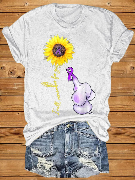 Women's Elephant I Will Remember For You Sunflower Alzheimer Print T-shirt