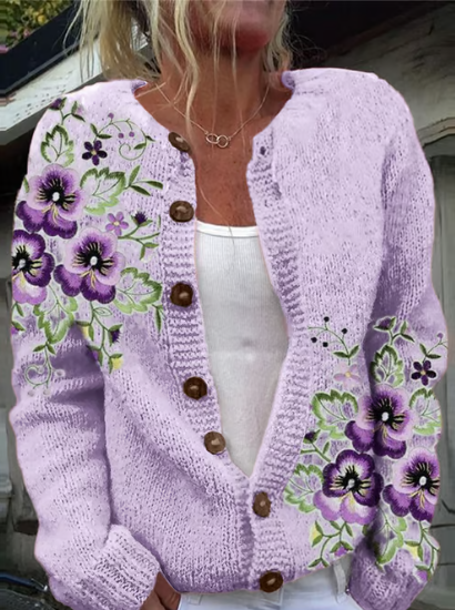 Women's Purple Floral Knitted Cardigan