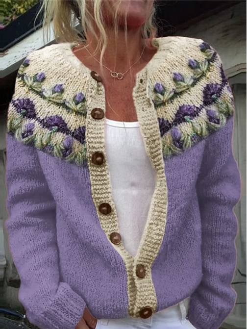 Women's Purple Floral Knitted Cardigan